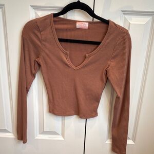 Tan Ribbed Long Sleeve Cropped Top